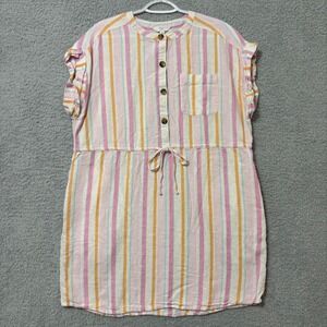 Striped Linen Blend Shirt Dress XL 16-18 Tie Waist Pockets